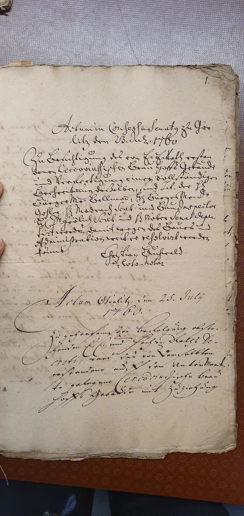 Pagina manoscritta della descrizione del 1760 in antica scrittura tedesca.