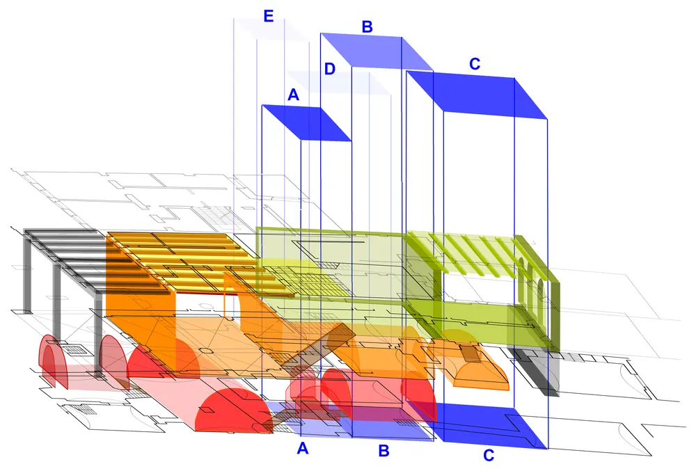 Disegno ricostruttivo tridimensionale: blocchi colorati per cantina, pianterreno e piano superiore, davanti portici in legno.