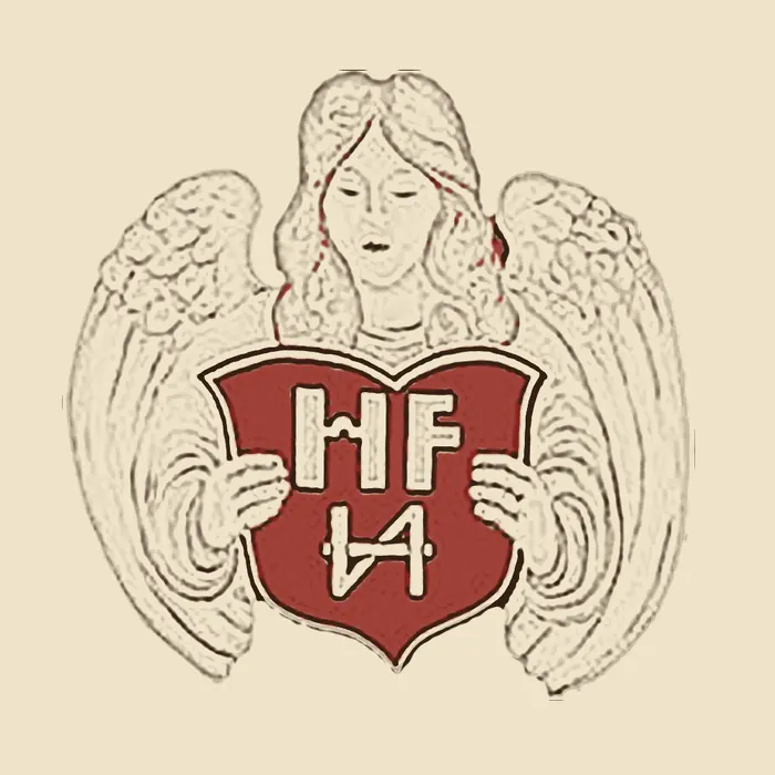 Disegno a penna: un angelo regge uno scudo rosso con le lettere HF e il marchio di casa di Frenzel.