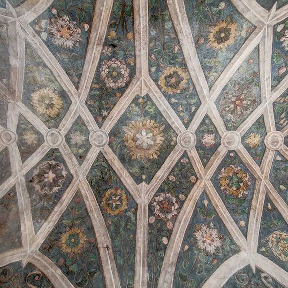 Vista della volta a rete della cappella: costoloni bianchi, tra di essi fiori e ghirlande dipinti su fondo verde scuro.