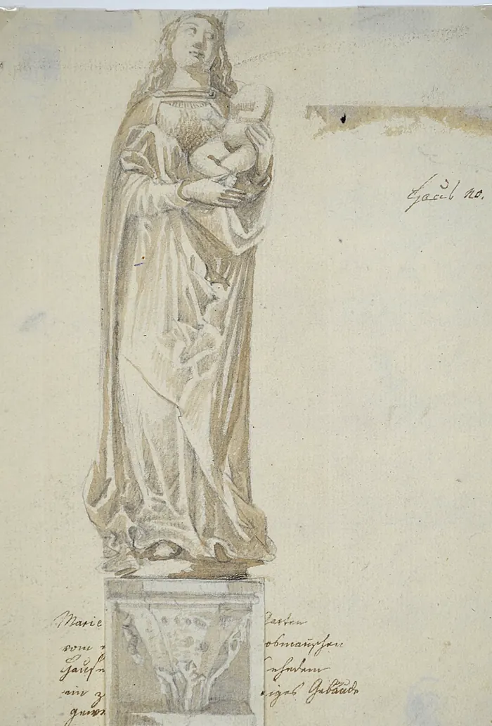 Zeichnung von 1800: Maria mit dem Kind auf einem Sockel.